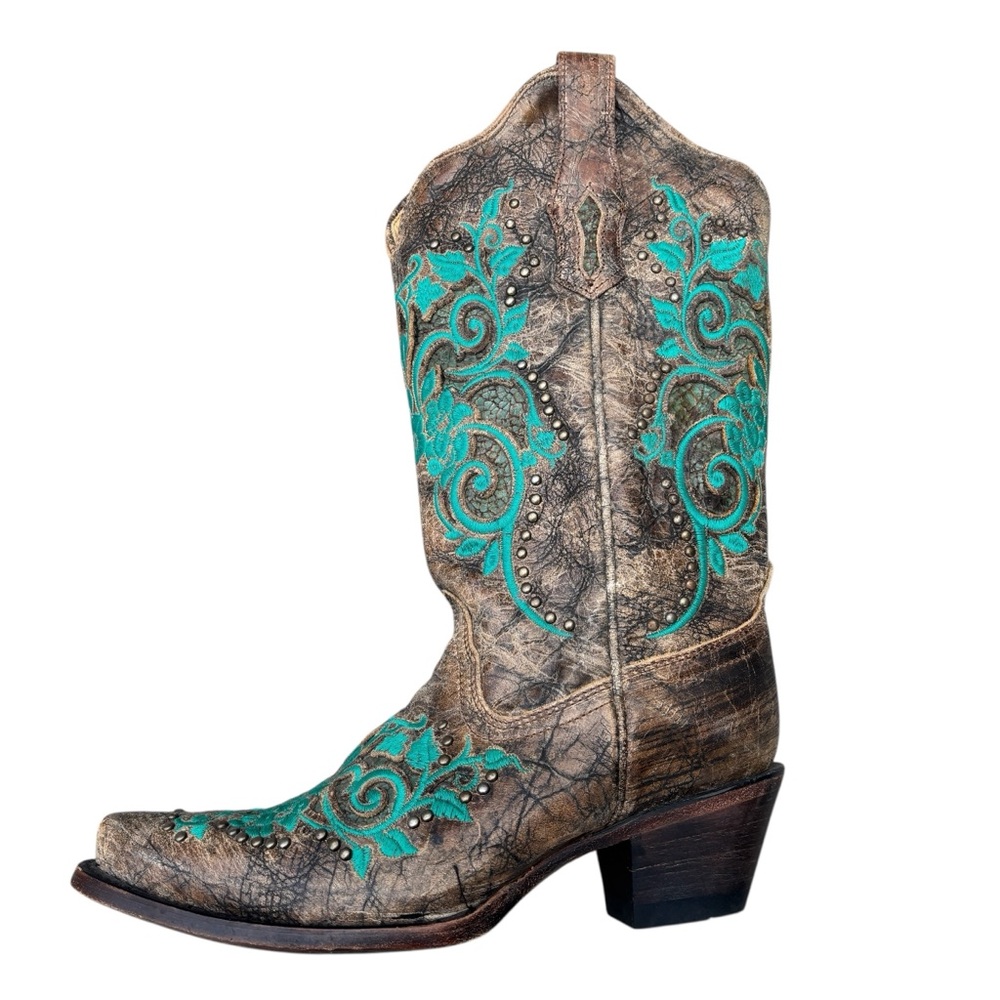 CORRAL Boots Dark Antique Saddle Floral  Turquoise Inlay & Studs 6.5 - Picture 3 of 16